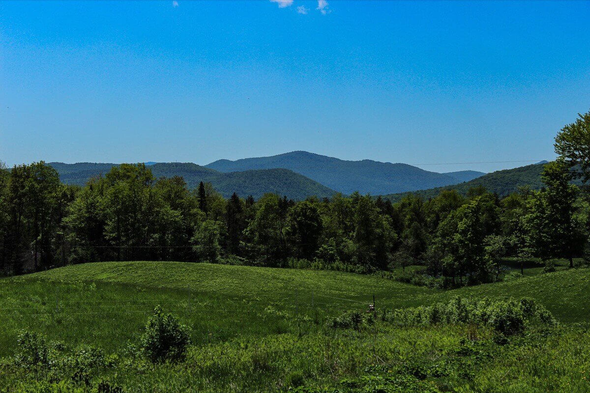 shades of green mountains around the farm