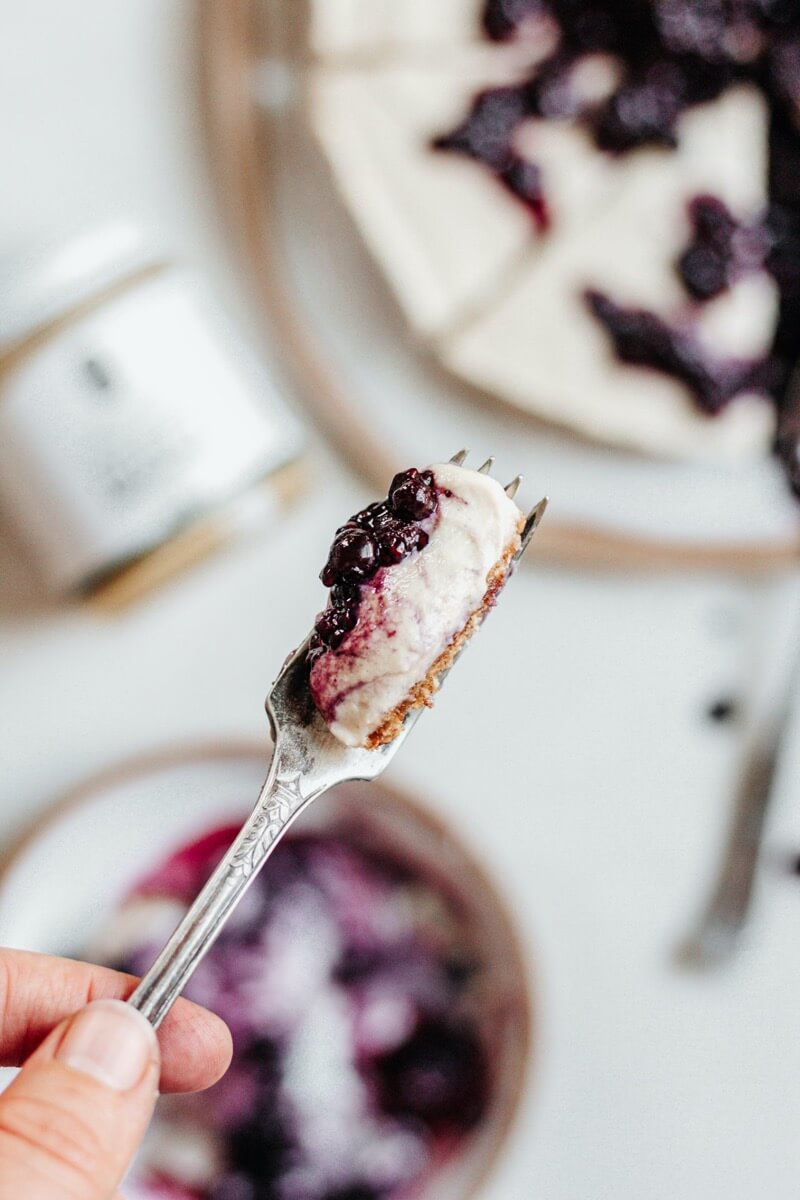 No-Bake Vegan Cheesecake with Hemp-Infused Blueberry Sauce