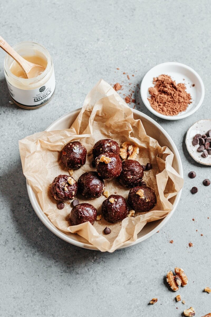 Simple, Healthy No-Bake Walnut Brownie Bites with Hemp Infused Honey