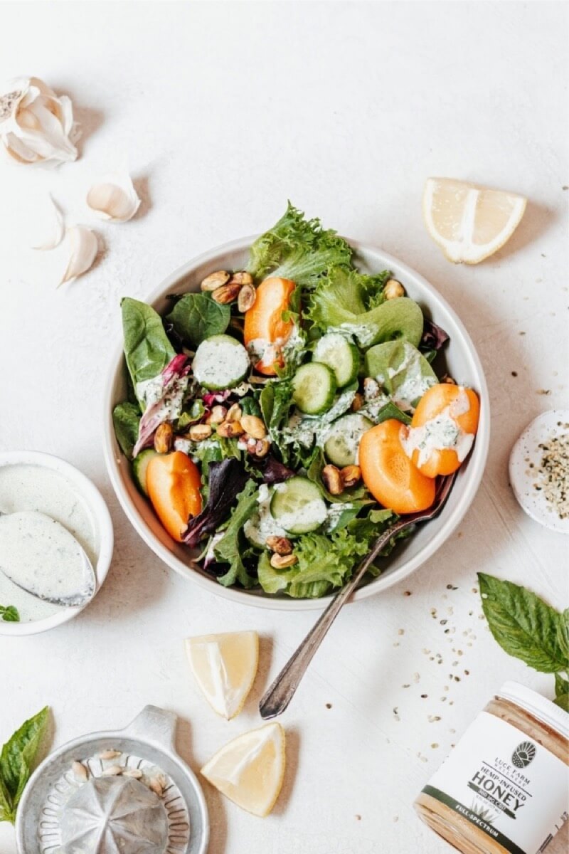 This creamy lemon basil hemp vinaigrette is made in a blender with hemp seeds and Luce Farm CBD for a super nutritious salad dressing recipe!